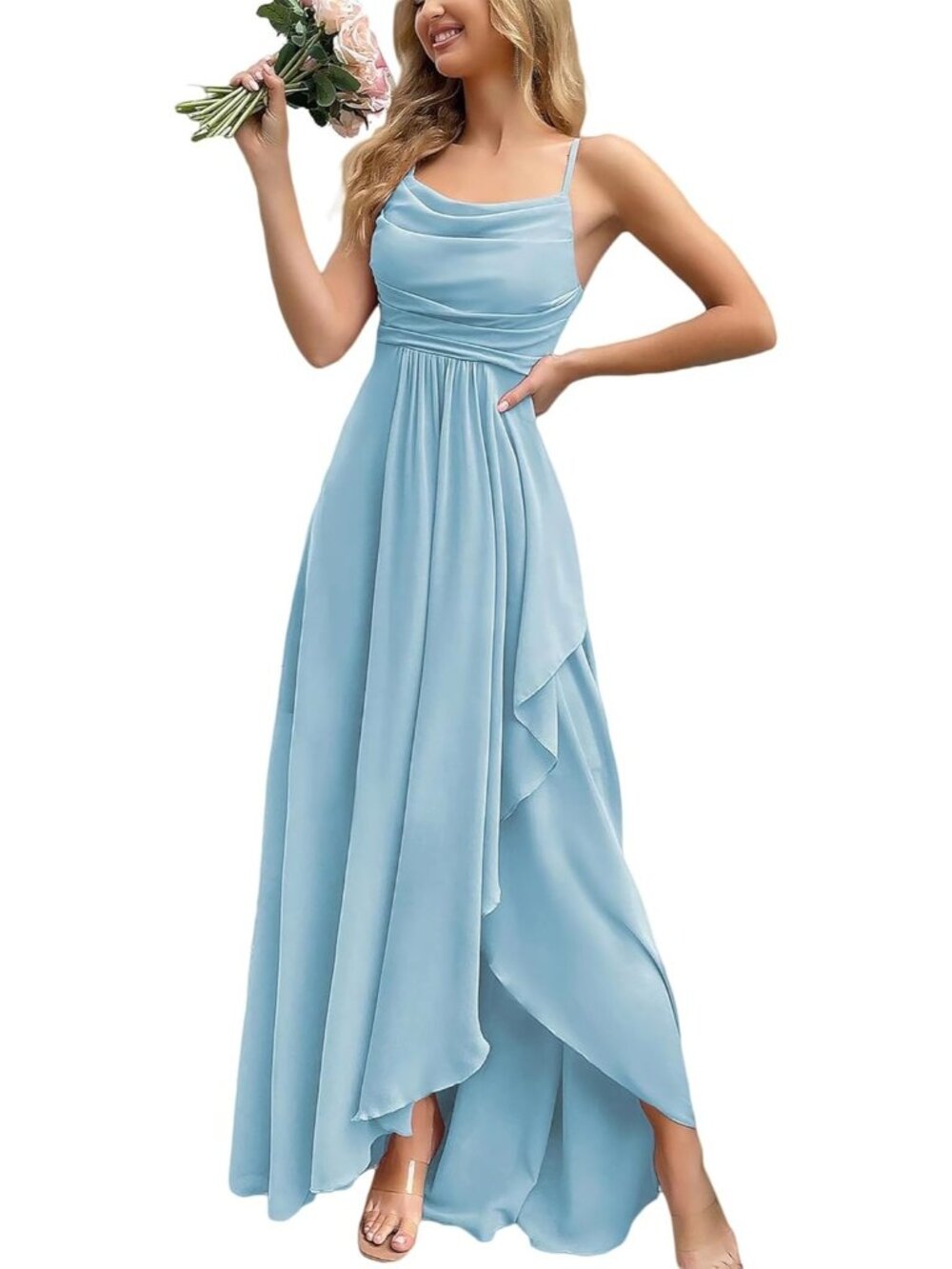 Women's Light Blue Cowl Neck Spaghetti Strap Cocktail Bodycon Maxi Dress